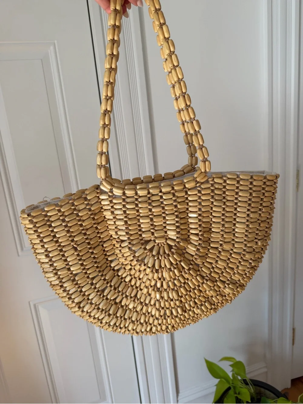 Beige Woven Semi-Circle Wood Tote Bag - Women - Picture 3 of 5